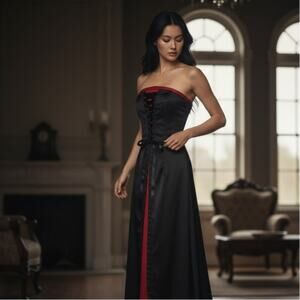 Vintage Prom Dress Maxi Gown S Red Black Corset Goth 90 Y2K Strapless Vamp Glam